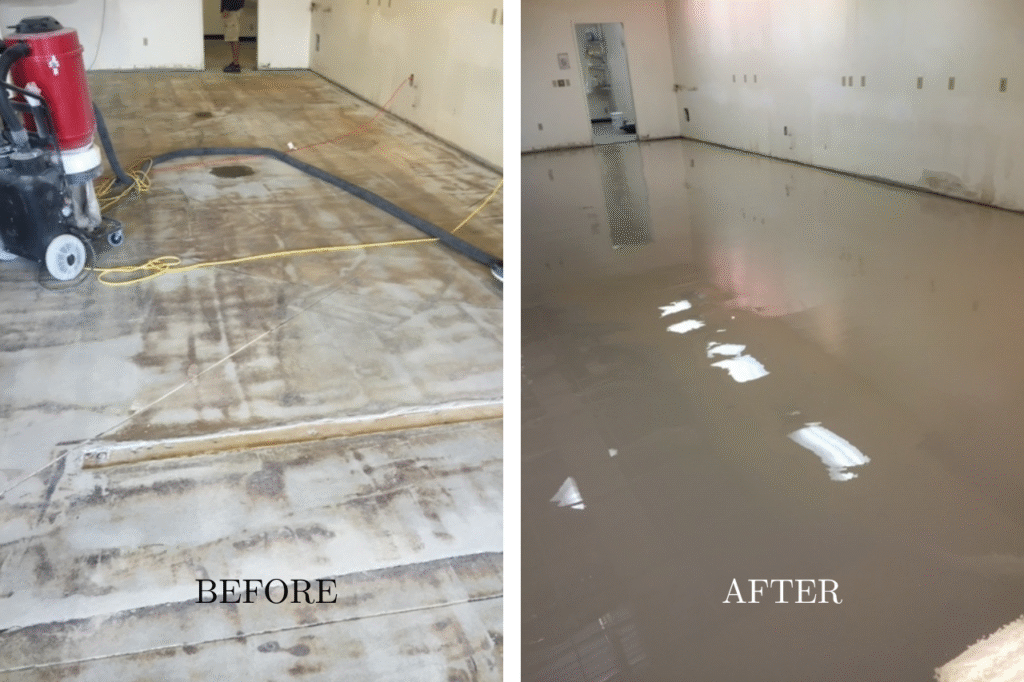 Before and after pic of a concrete floor that has been refinished by a flooring contractor